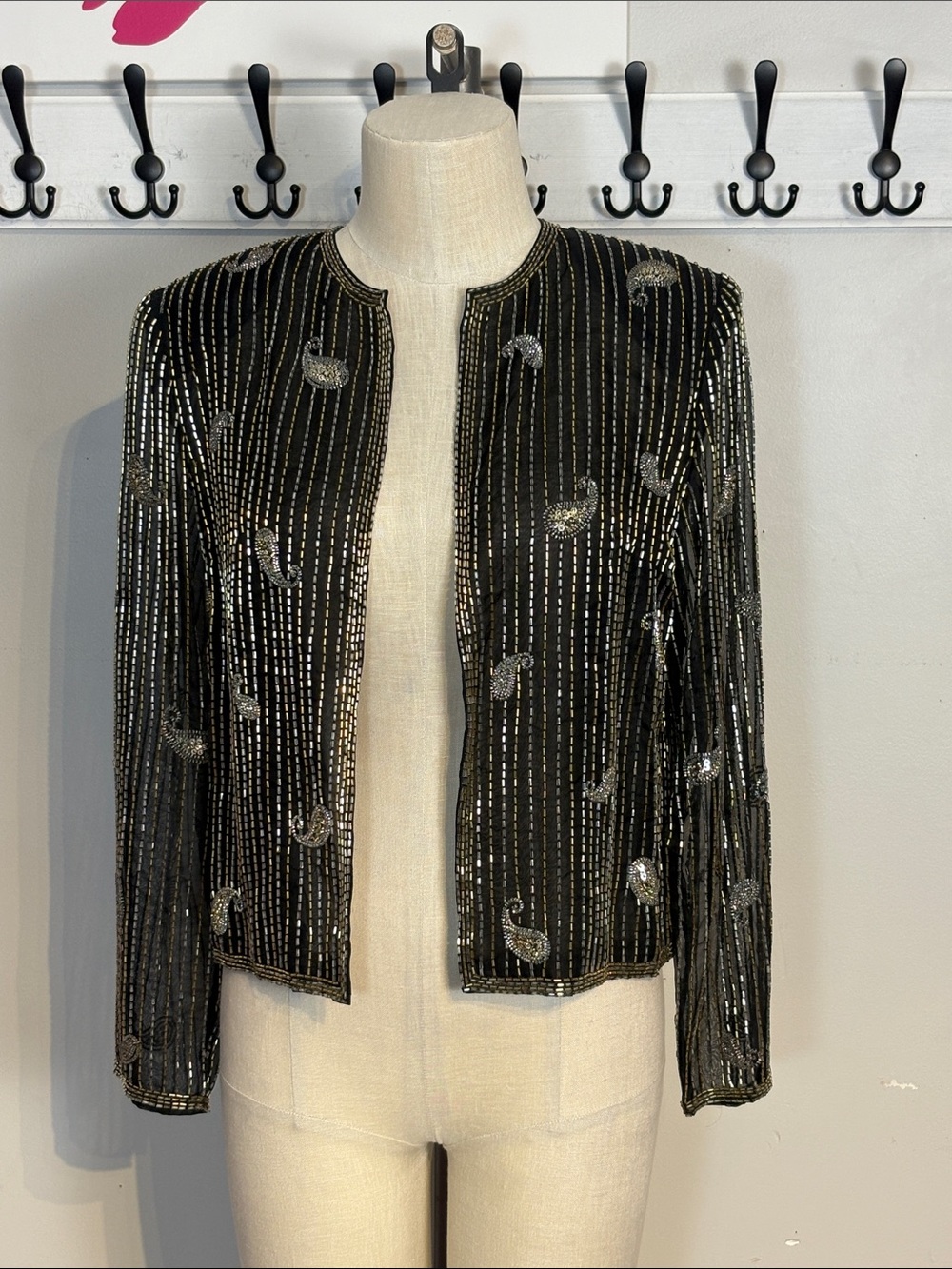 Vintage Black Beaded Open-Front Evening Blazer